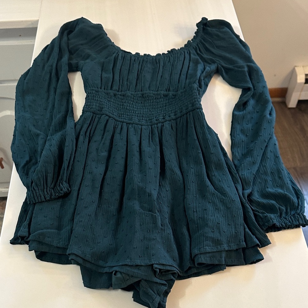 Hollister Teal Long-Sleeve Smocked romper